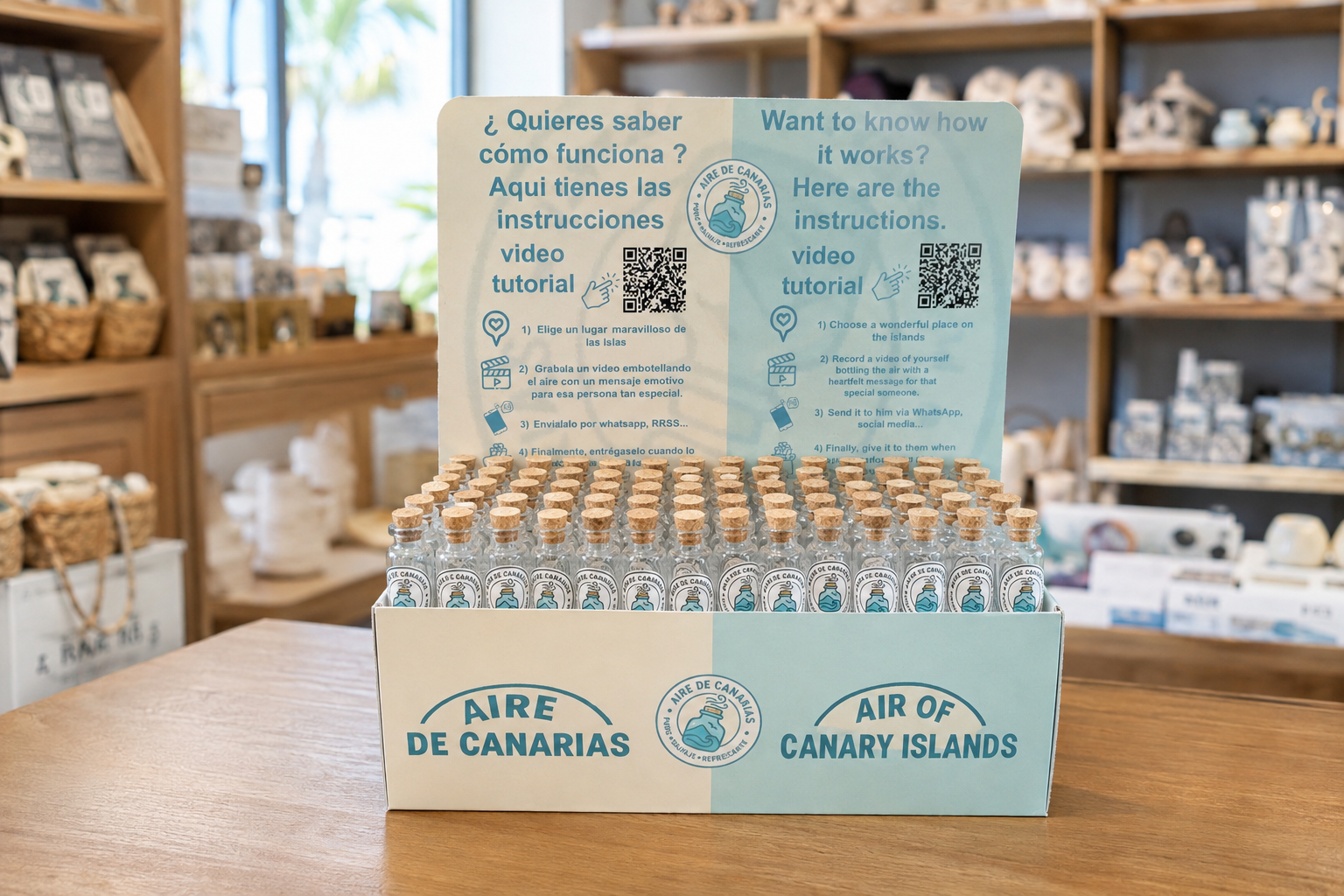 Expositor de botellas Aire de Canarias dentro de una tienda de souvenirs