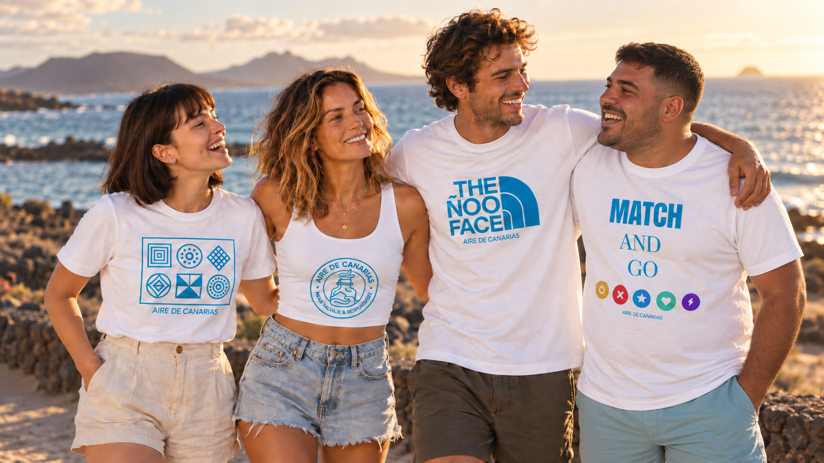 Cuatro jóvenes disfrutando de Canarias con camisetas de Aire de Canarias